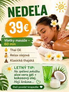 Nedeľná sláva na všetky masáže 39€ 1 hodinová 